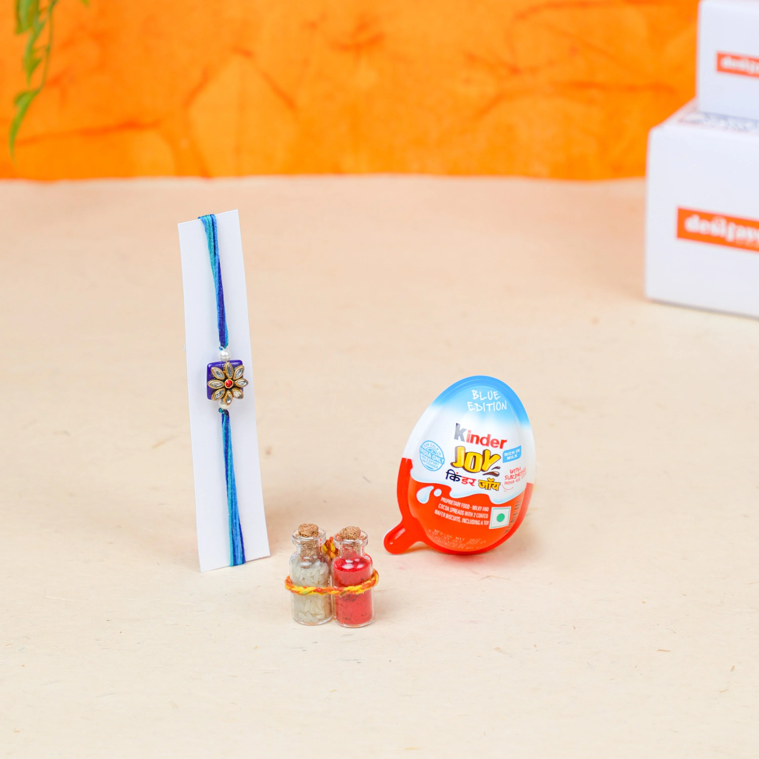 Rakhi With Kinder Joy Gift Hamper for Little Brother