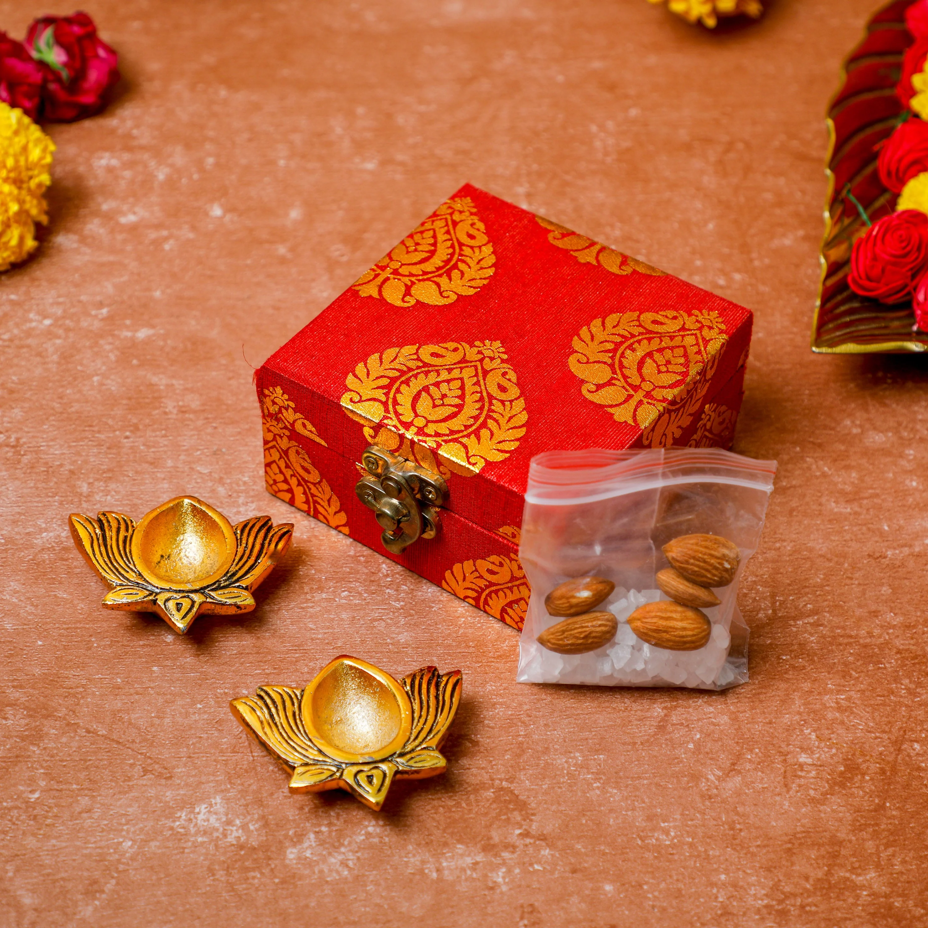 Gift box + 2 Metal diyas + Mishri Almonds