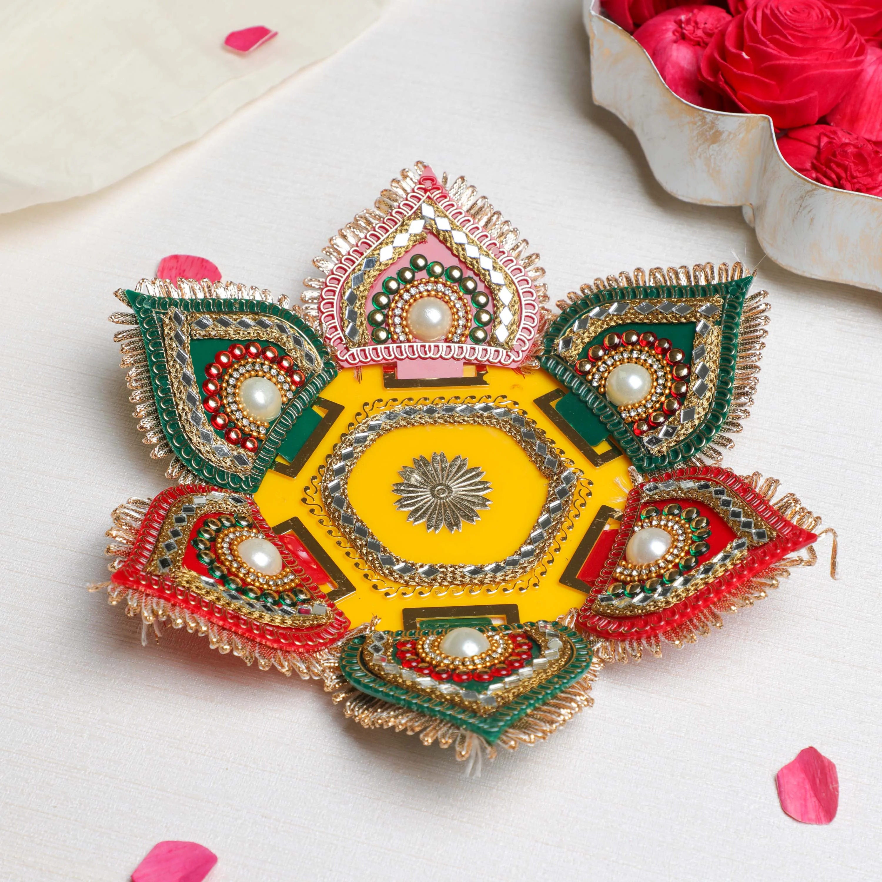 Lotus Rangoli in Pearl & Gota