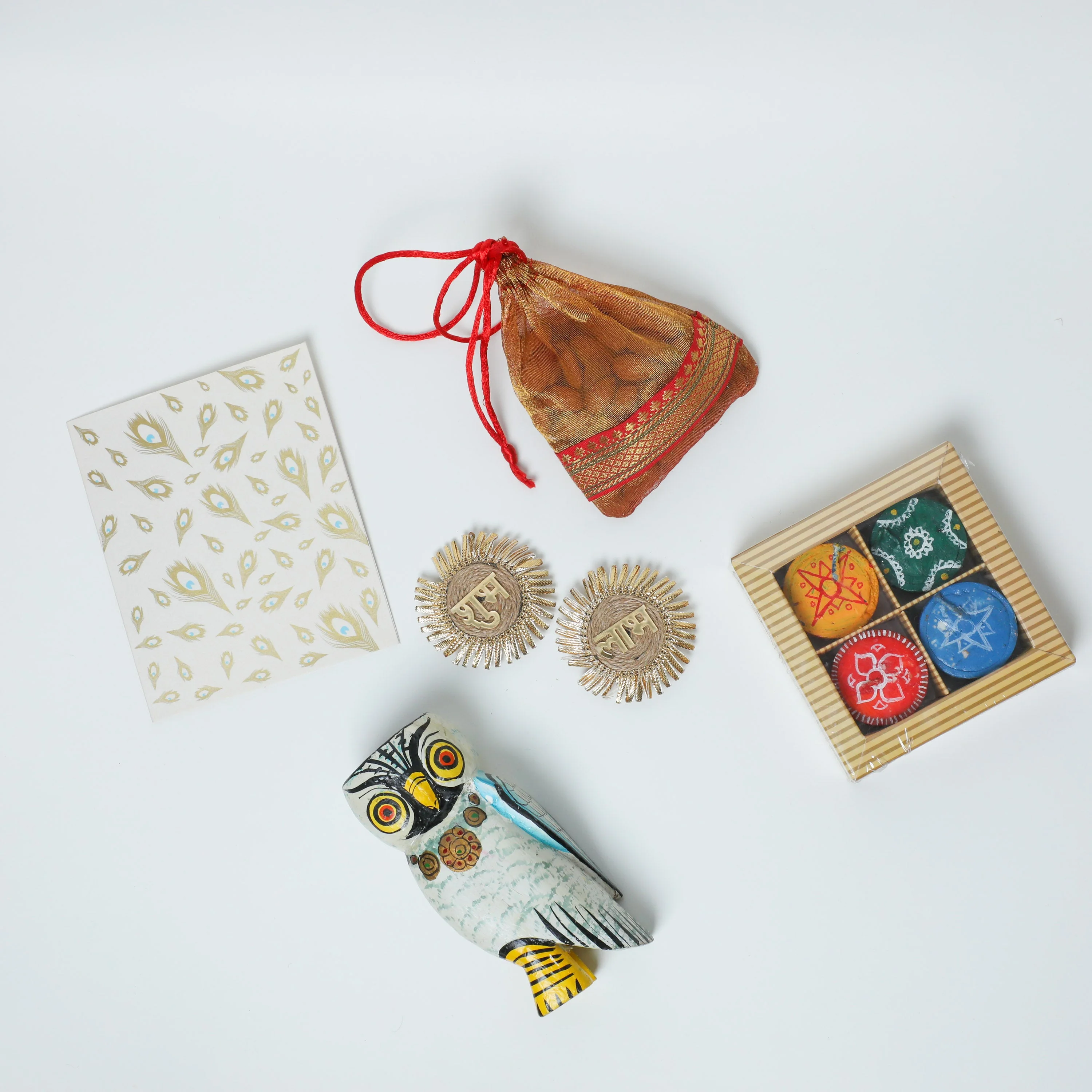 Owl tealight holder + Small pouch of dry fruits +&nbsp;Shubh Labh + Diyas + Card