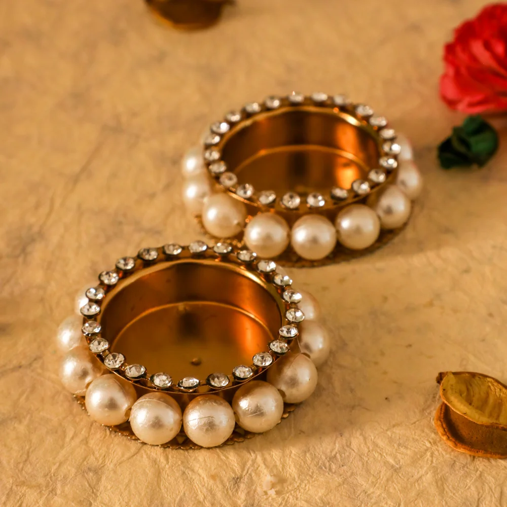 Metal Diya with Pearls