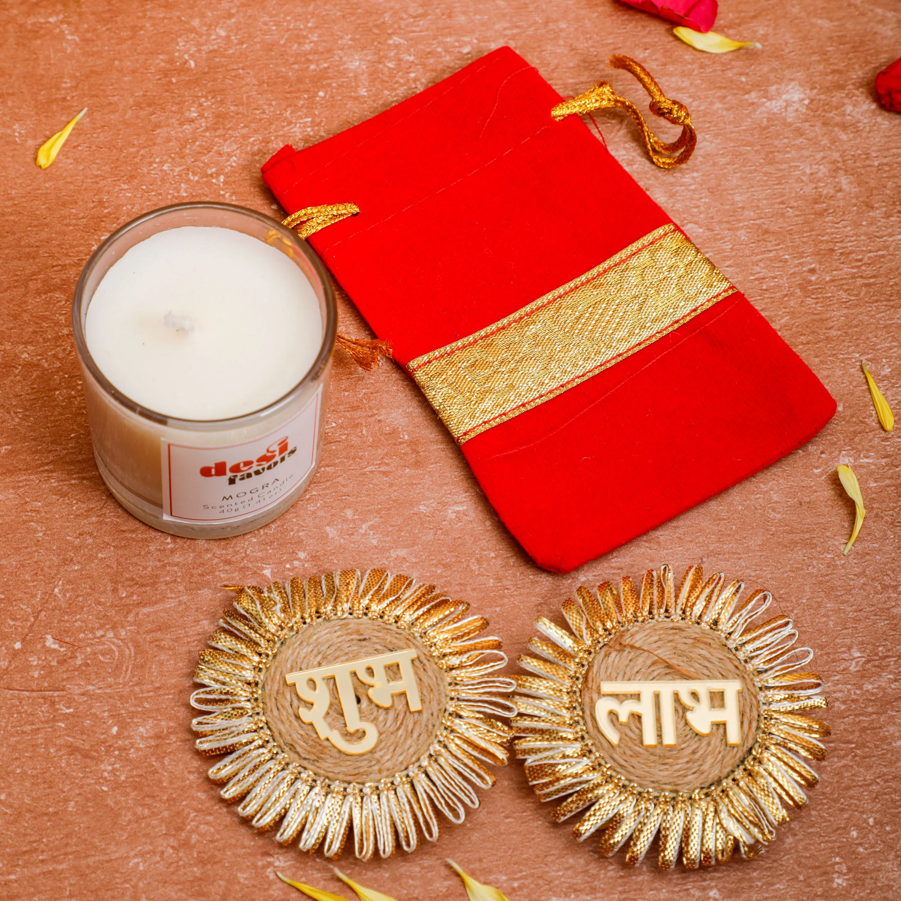 Red Velvet Potli +Shubh Labh + Scented Votive Candle