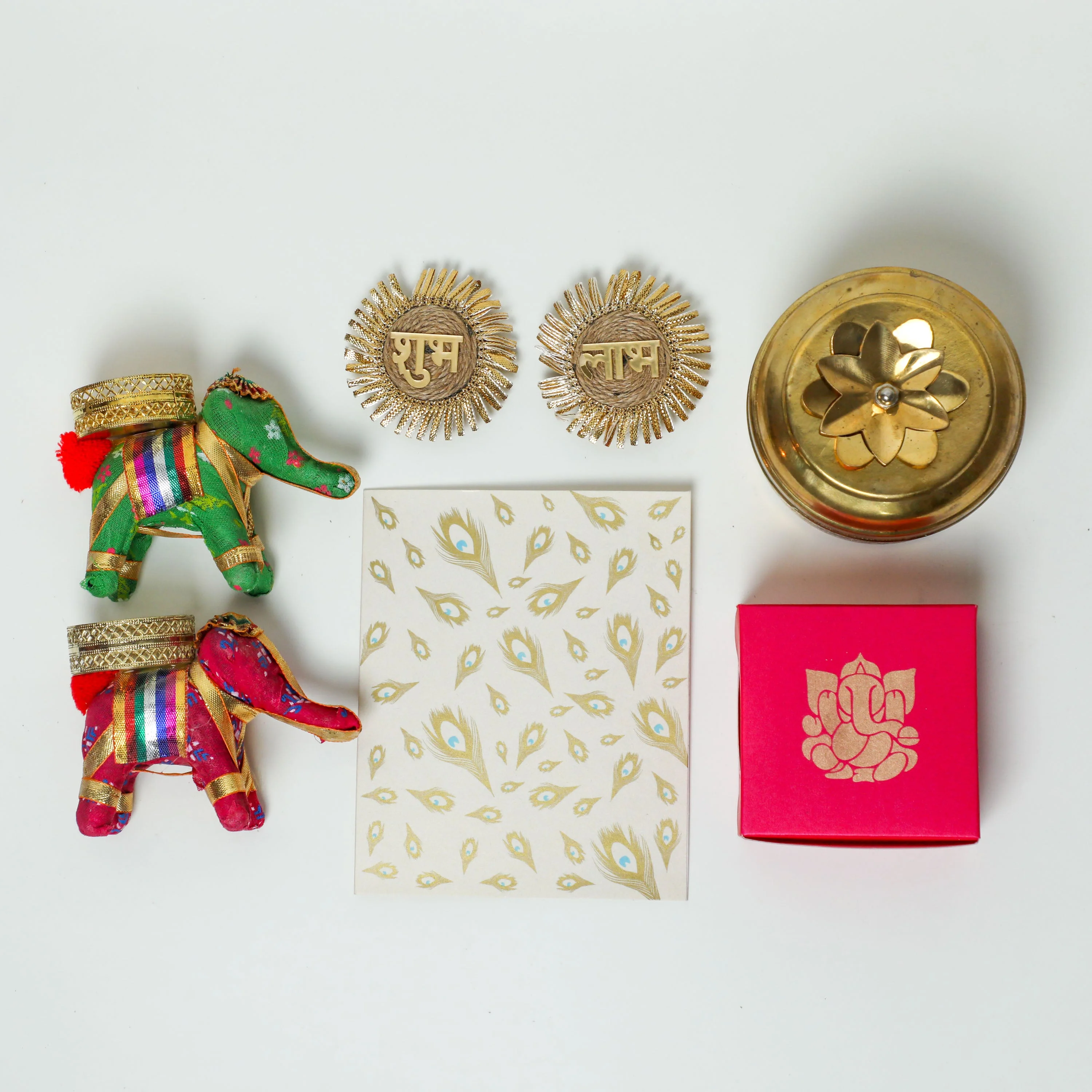 Scented candle in brass box + 2 Fabric elephants + Shubh labh + Small box full of dry fruits