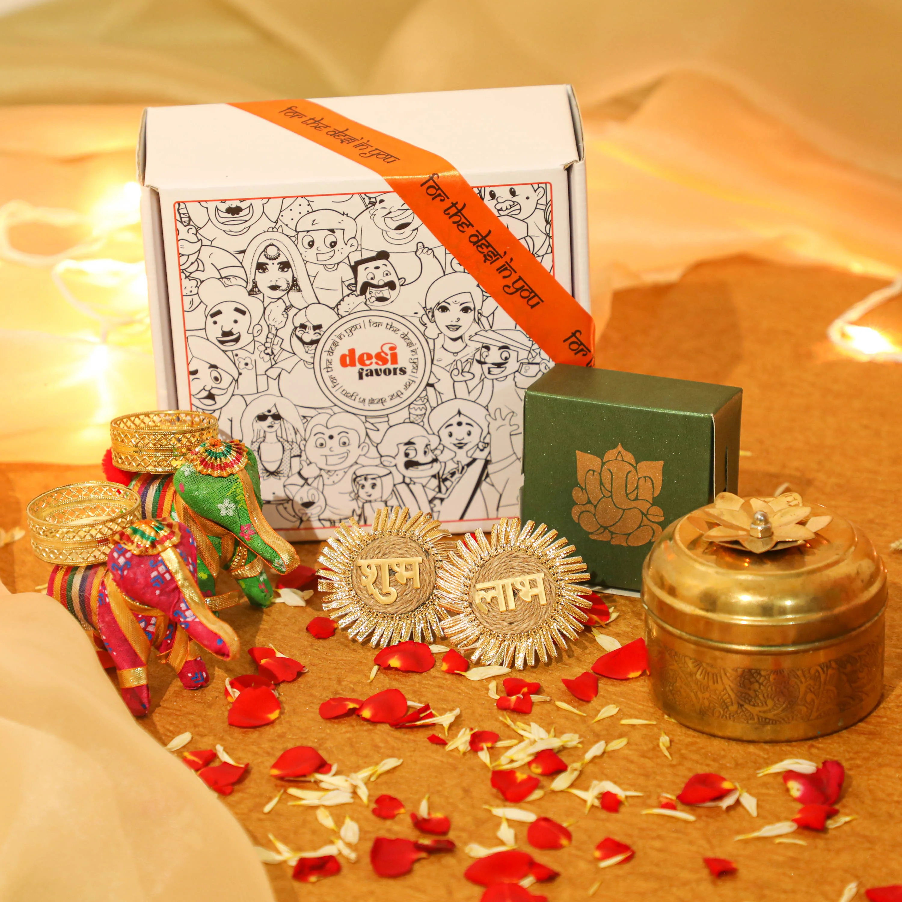 Scented candle in brass box + 2 Fabric elephants + Shubh labh + Small box full of dry fruits