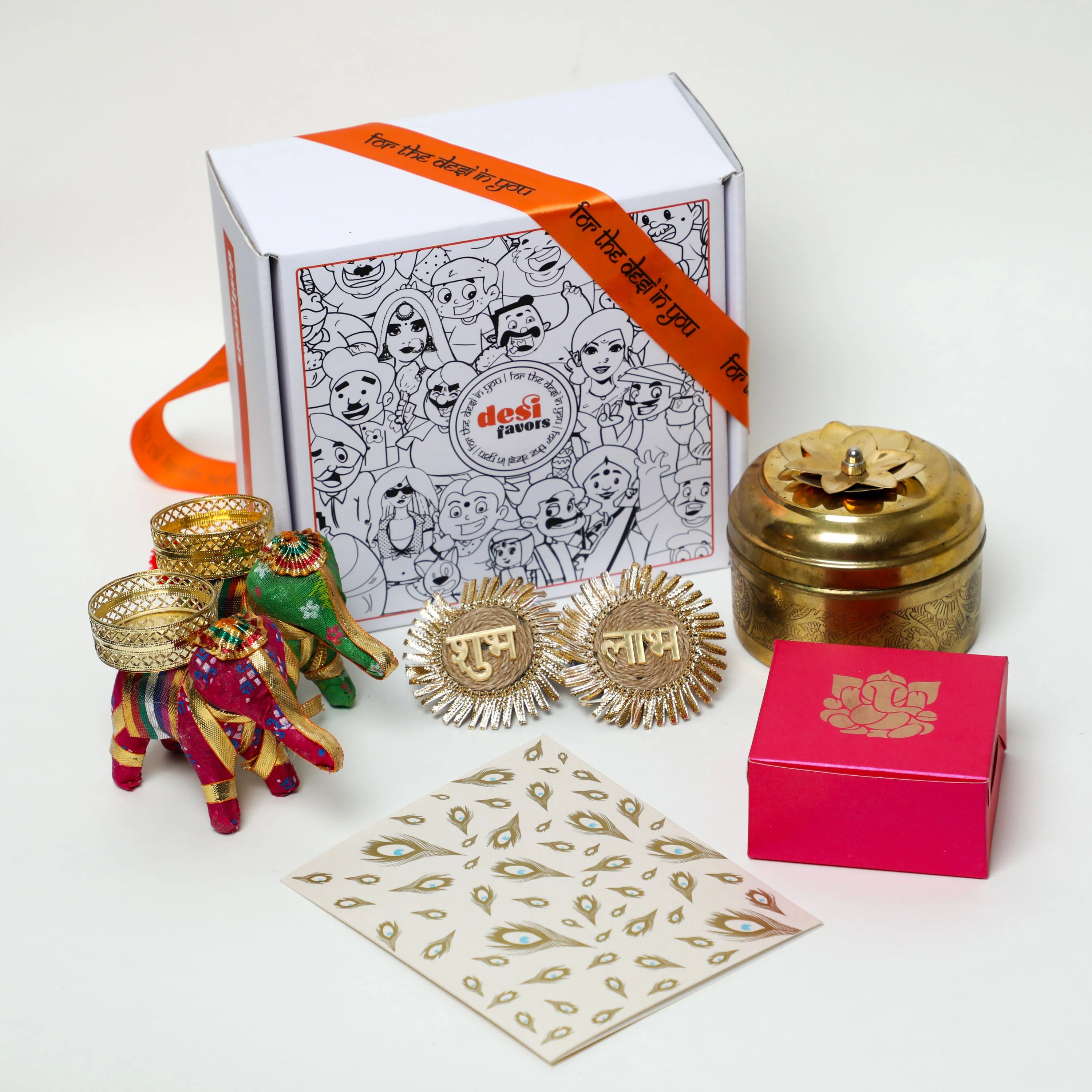 Scented candle in brass box + 2 Fabric elephants + Shubh labh + Small box full of dry fruits