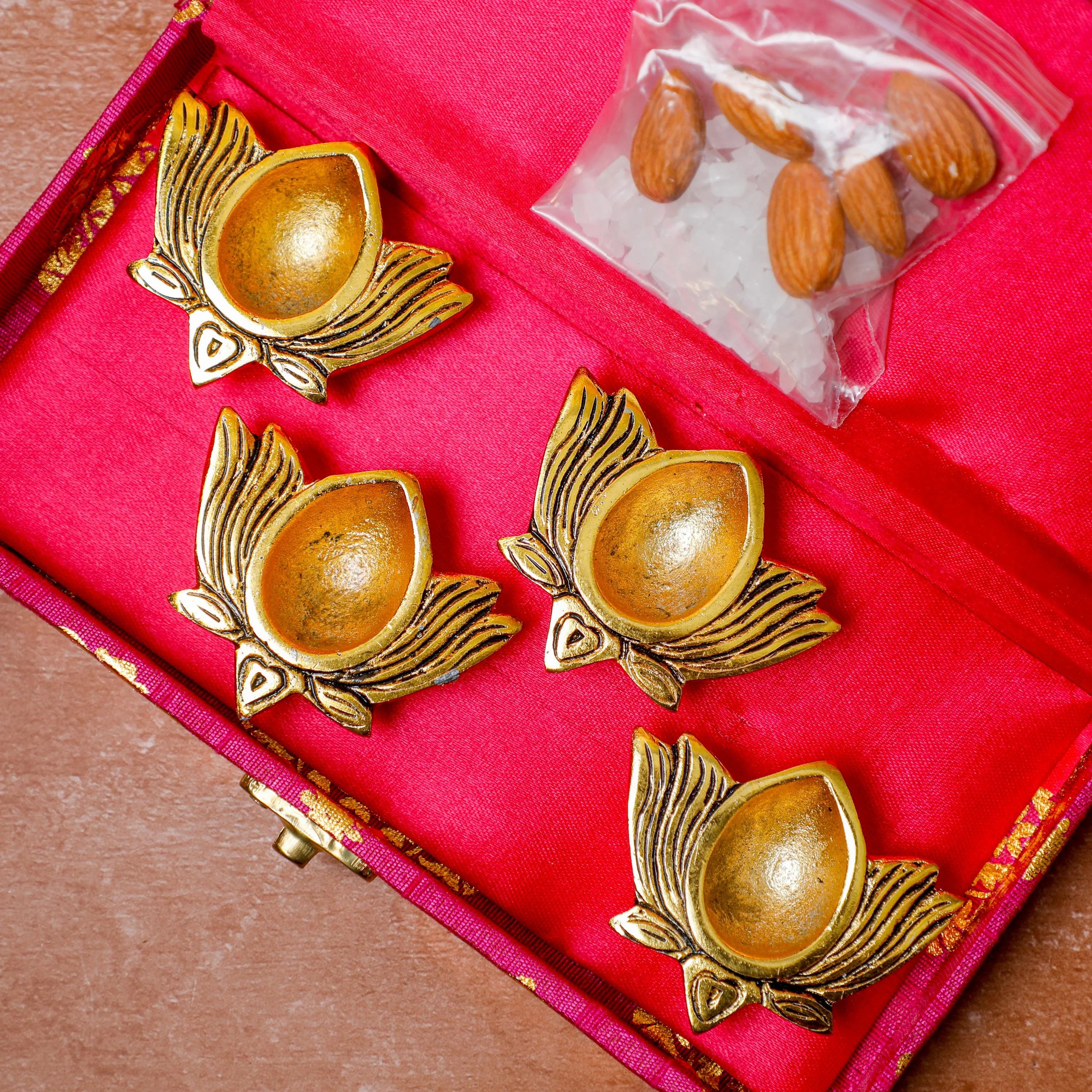 Gift box +4 Lotus diyas + Mishri almond