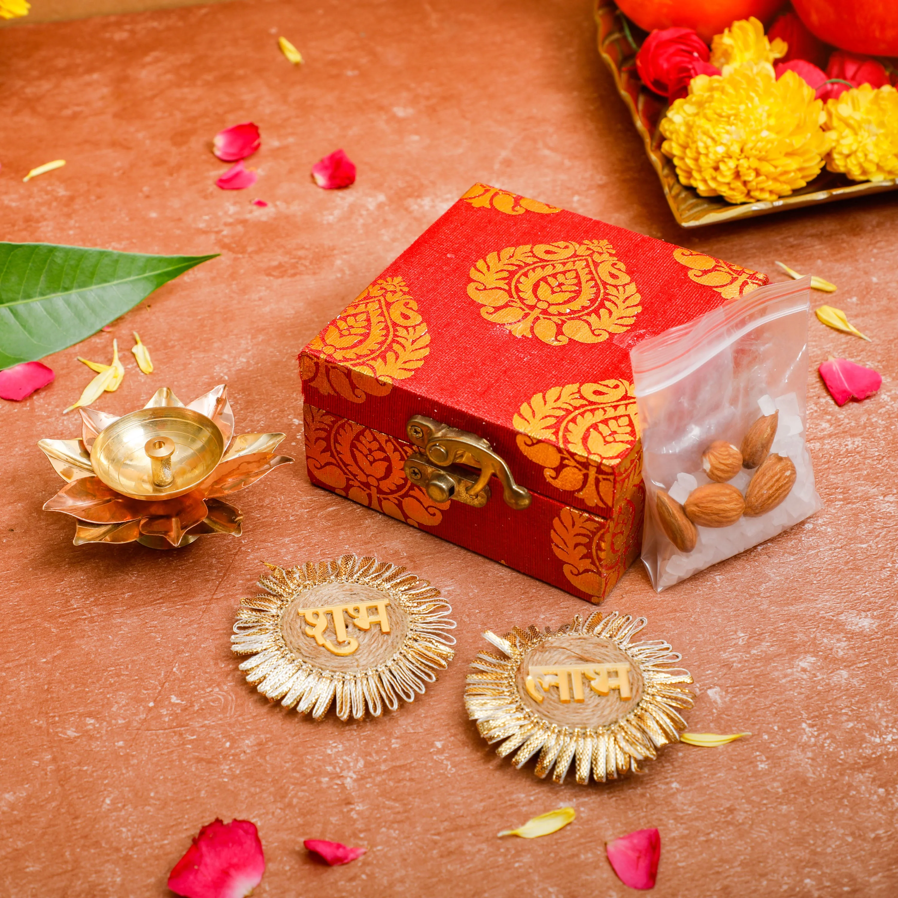 Motif Design Raw Silk Box+ Brass and Copper Deepam 