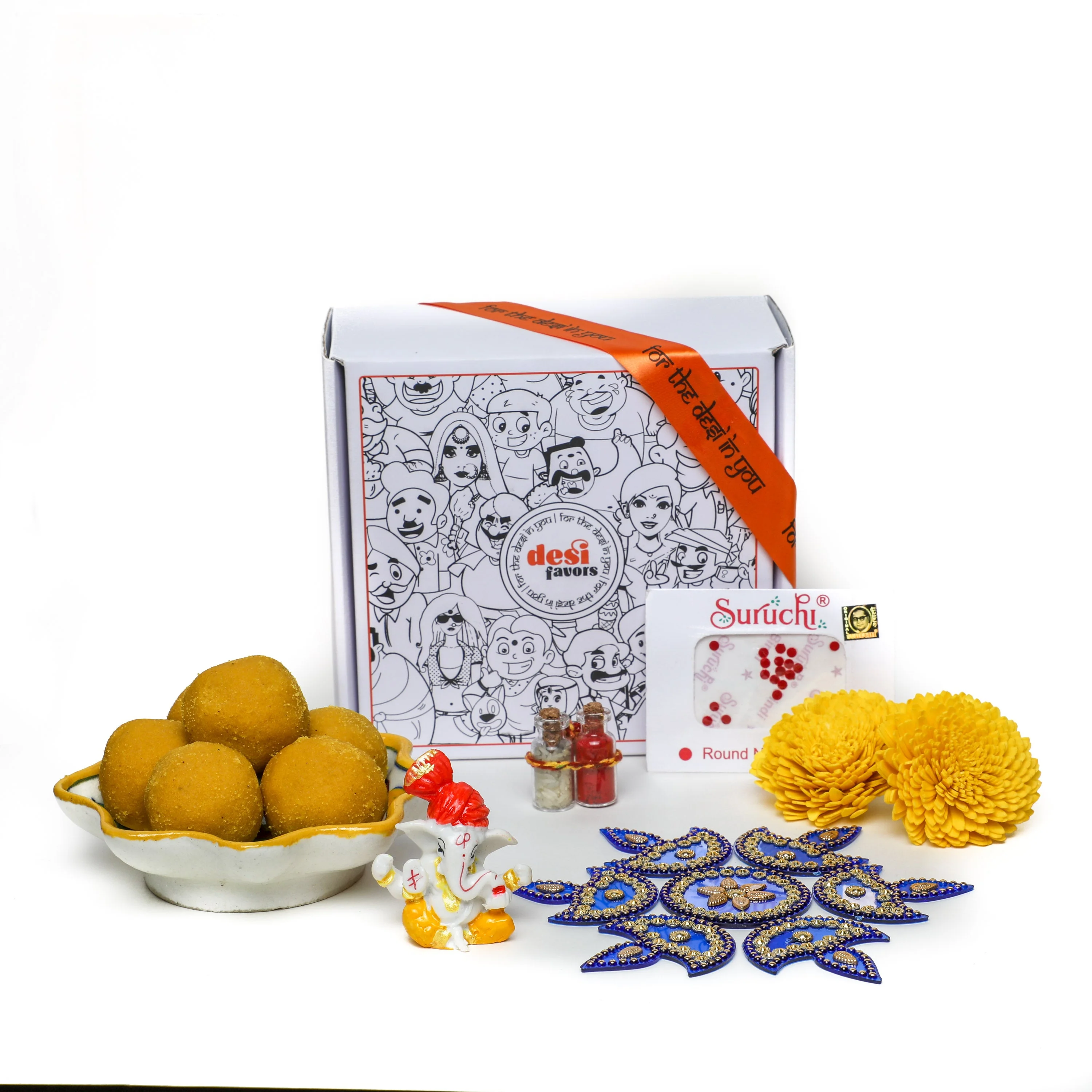 Rangoli + Bindi packet, + Ganesh idol + Shola flowers + Roli Chawal + Besan Laddo (250 gms)&nbsp;