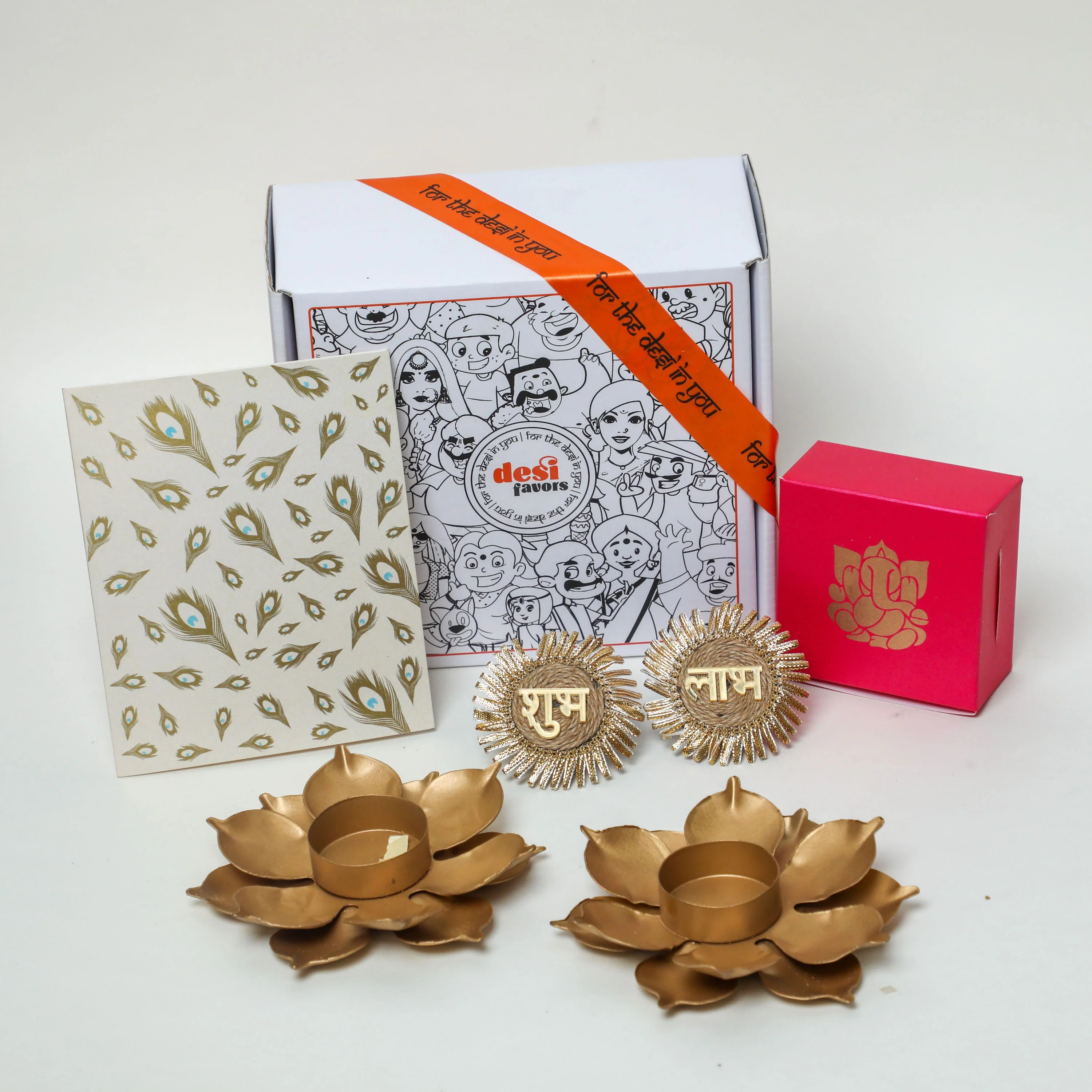 2 Lotus metal tealight holder + Small Ganesha box with dry fruits +&nbsp;&nbsp;Shubh Labh +&nbsp;Greeting Card