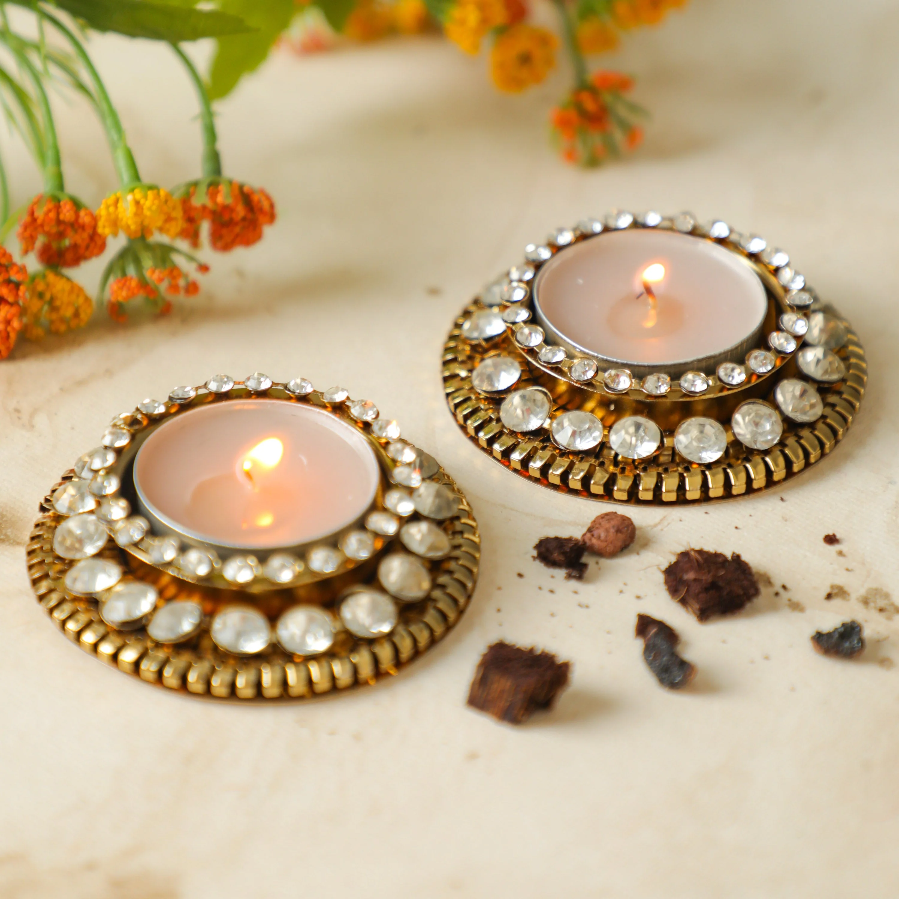 Metal Diyas with Kundan Stones