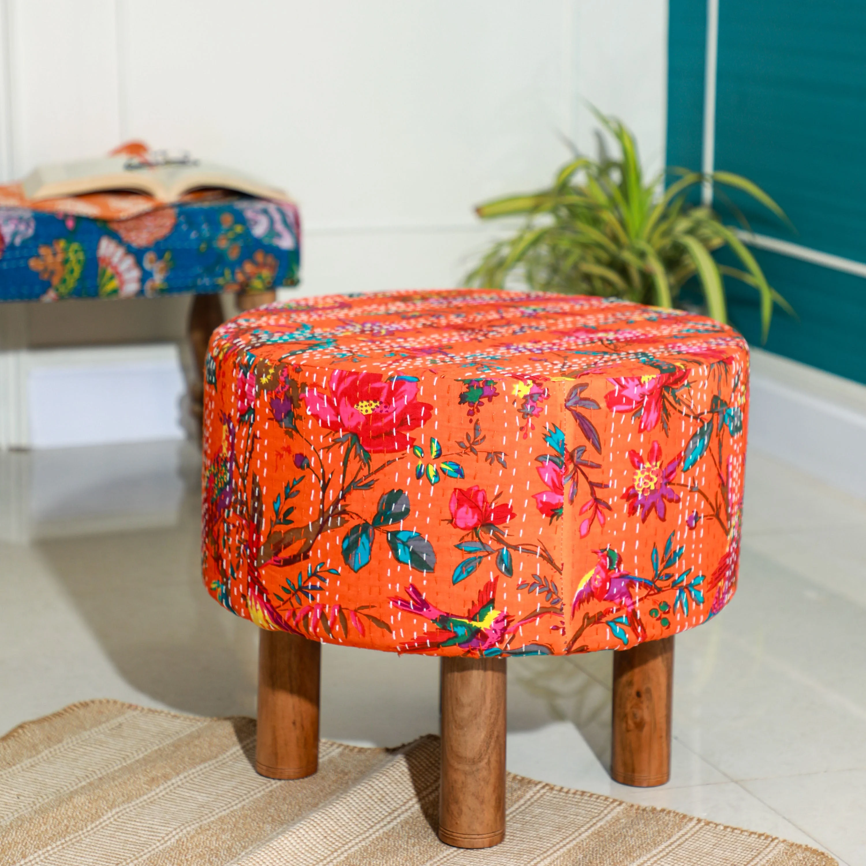 Orange Kantha Stool