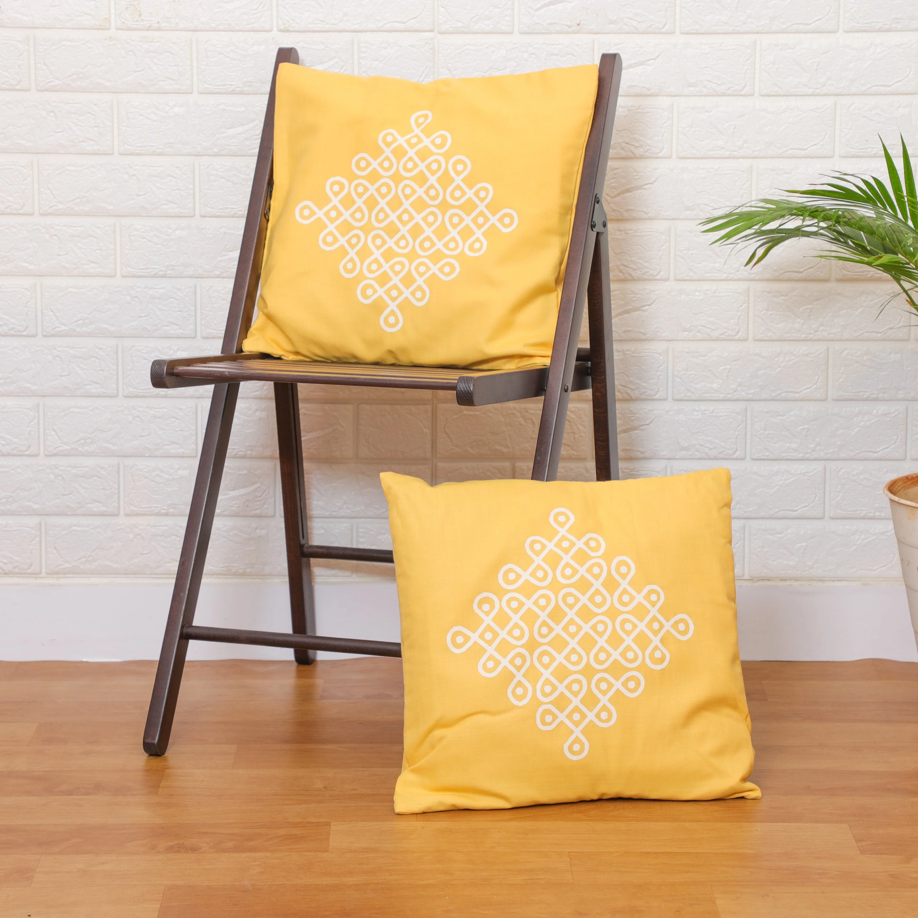 Yellow Kolam Design Cushion Cover