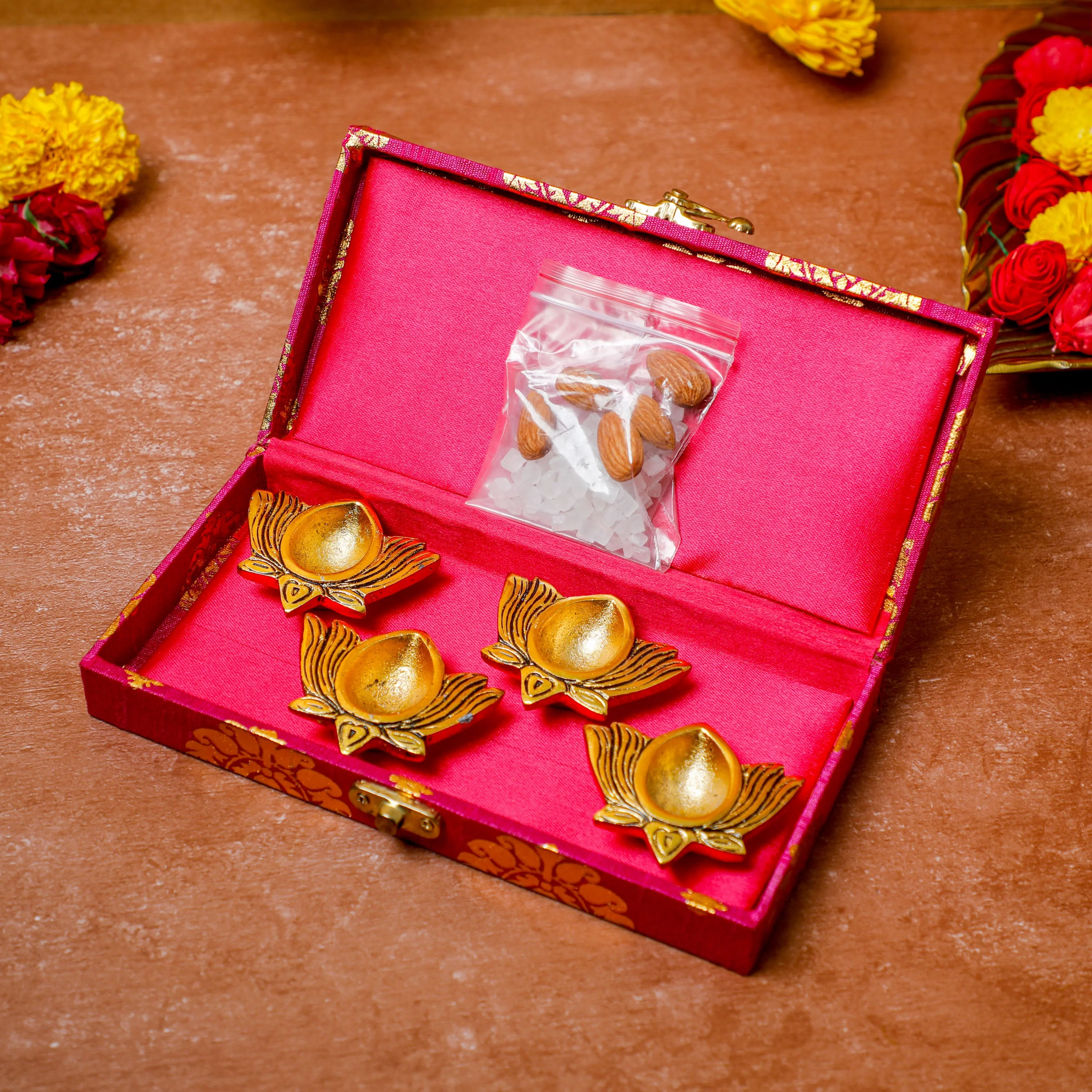 Gift box +4 Lotus diyas + Mishri almond