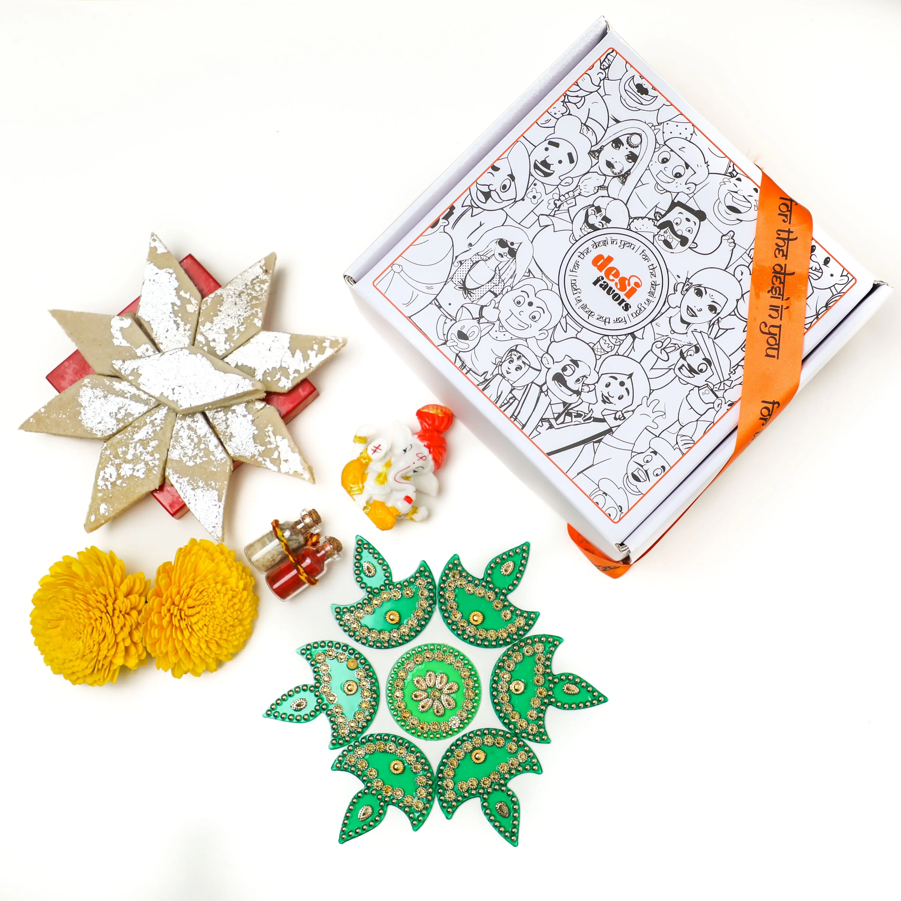 Baby Rangoli + 250 gm Kaju Katli + Roli Chawal + Lord Ganesha + Shola flowers